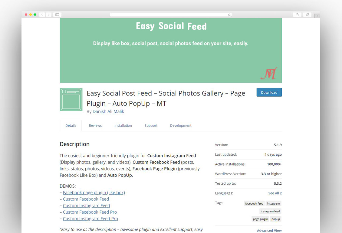 Easy Social Post Feed – Social Photos Gallery – Page Plugin – Auto PopUp – MT