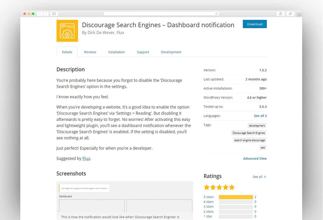 Discourage Search Engines – Dashboard notification