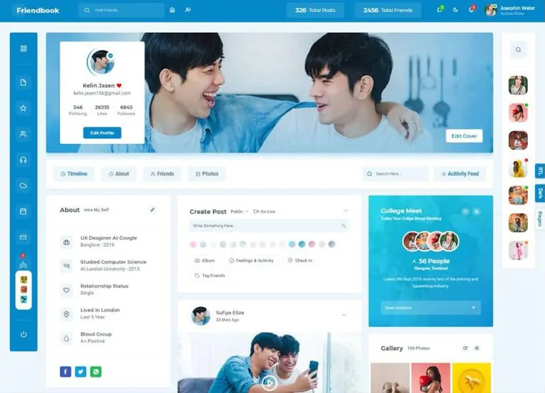 Friendbook - Social Network Social Media Community UI Toolkit Responsive Html Template